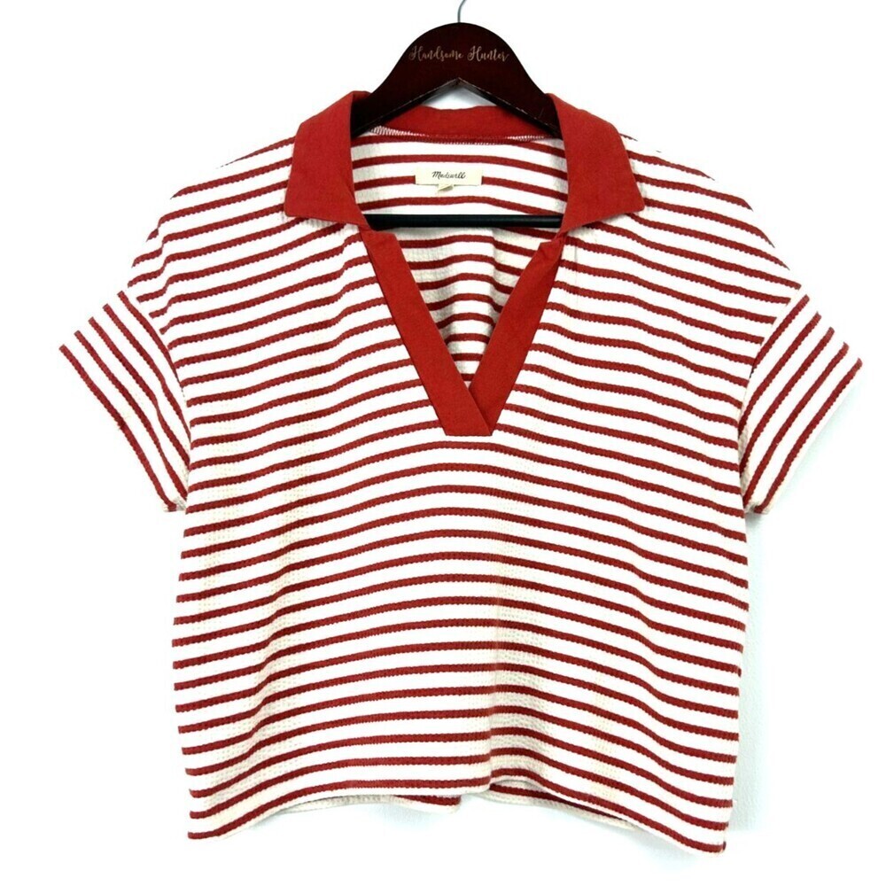 Madewell Women Burnt Red White Striped Texture Rib Cropped Polo Tee Sz S 1254H4 - Picture 2 of 12